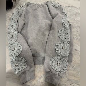 Gray Sweatshirt with Lace Floral Accents